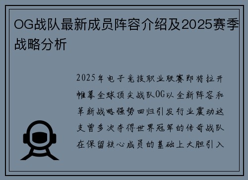 OG战队最新成员阵容介绍及2025赛季战略分析